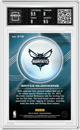 Bryce McGowens from the 2022-23 Panini Recon set featuring a Holo Blue  parallel graded by Arena Club and given an overall grade of 8.5.
