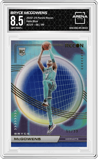 Bryce McGowens from the 2022-23 Panini Recon set featuring a Holo Blue  parallel graded by Arena Club and given an overall grade of 8.5.