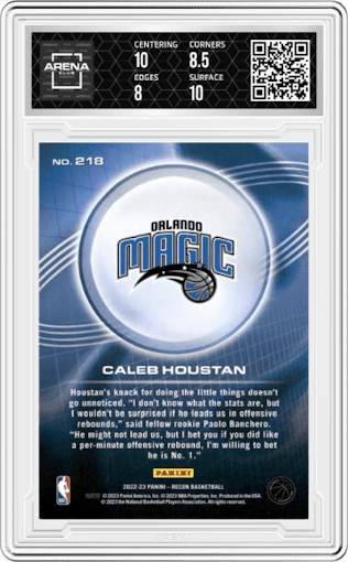 Caleb Houstan from the 2022-23 Panini Recon set featuring a Purple Holo parallel graded by Arena Club and given an overall grade of 8.5.