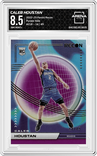  Caleb Houstan from the 2022-23 Panini Recon set featuring a Purple Holo parallel graded by Arena Club and given an overall grade of 8.5.