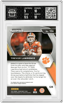 Trevor Lawrence from the 2021 Panini Prizm Draft Picks set graded by Arena Club and given an overall grade of 9.5.