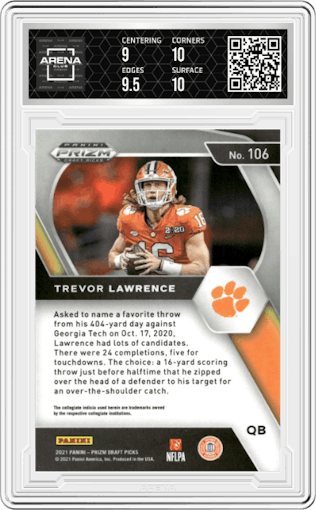 Trevor Lawrence from the 2021 Panini Prizm Draft Picks set graded by Arena Club and given an overall grade of 9.5.