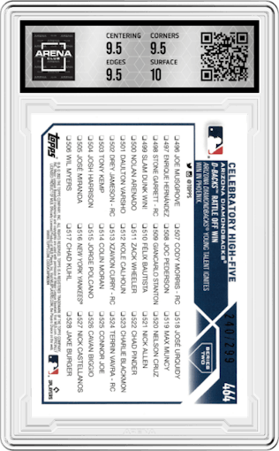 Celebratory High-Five from the 2023 Topps Series 2 set featuring a Orange Foil parallel graded by Arena Club and given an overall grade of 10.