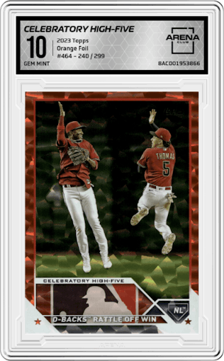 Celebratory High-Five from the 2023 Topps Series 2 set featuring a Orange Foil parallel graded by Arena Club and given an overall grade of 10.