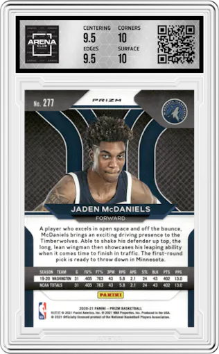 Jaden McDaniels from the 2020-21 Panini Prizm set featuring a Green Prizm parallel graded by Arena Club and given an overall grade of 10.