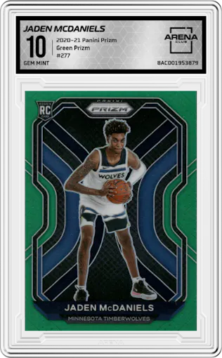 Jaden McDaniels from the 2020-21 Panini Prizm set featuring a Green Prizm parallel graded by Arena Club and given an overall grade of 10.