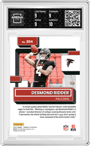 Desmond Ridder from the 2022 Panini Donruss set graded by Arena Club and given an overall grade of 9.5.