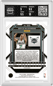 Bryce McGowens from the 2022-23 Panini Prizm  set featuring a Silver Prizm parallel graded by Arena Club and given an overall grade of 9.5.