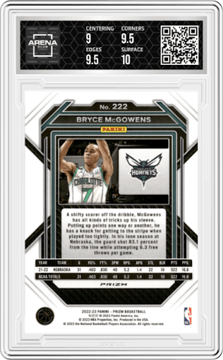Bryce McGowens from the 2022-23 Panini Prizm  set featuring a Silver Prizm parallel graded by Arena Club and given an overall grade of 9.5.