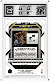 Ochai Agbaji  from the 2022-23 Panini Prizm  set featuring a Pink Ice parallel graded by Arena Club and given an overall grade of 10.