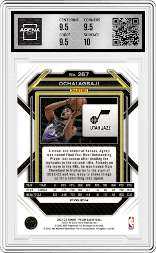 Ochai Agbaji  from the 2022-23 Panini Prizm  set featuring a Pink Ice parallel graded by Arena Club and given an overall grade of 10.