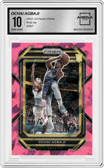 Ochai Agbaji  from the 2022-23 Panini Prizm  set featuring a Pink Ice parallel graded by Arena Club and given an overall grade of 10.