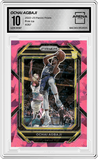 Ochai Agbaji  from the 2022-23 Panini Prizm  set featuring a Pink Ice parallel graded by Arena Club and given an overall grade of 10.