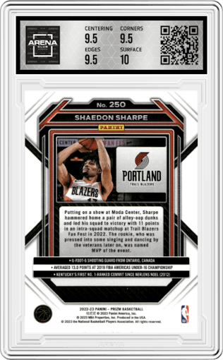 Shaedon Sharpe from the 2022-23 Panini Prizm  set graded by Arena Club and given an overall grade of 10.