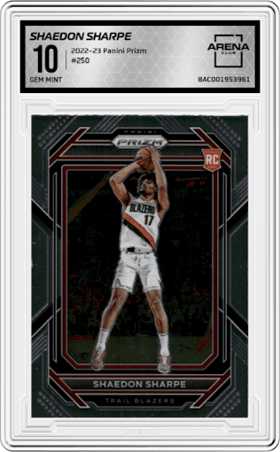 Shaedon Sharpe from the 2022-23 Panini Prizm  set graded by Arena Club and given an overall grade of 10.