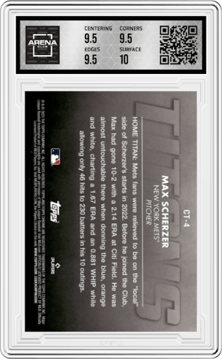 Max Scherzer from the 2023 Topps Chrome set graded by Arena Club and given an overall grade of 10.