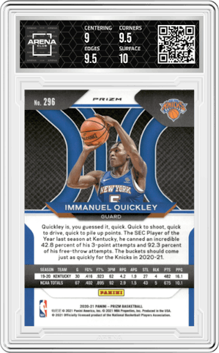 Immanuel Quickley from the 2020-21 Panini Prizm set featuring a Silver Prizm parallel graded by Arena Club and given an overall grade of 9.5.