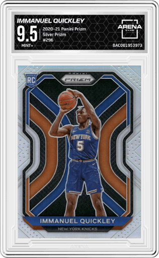 Immanuel Quickley from the 2020-21 Panini Prizm set featuring a Silver Prizm parallel graded by Arena Club and given an overall grade of 9.5.