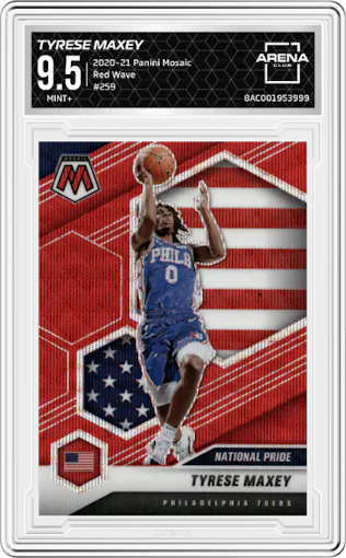 Tyrese Maxey from the 2020-21 Panini Mosaic set featuring a Red Wave parallel graded by Arena Club and given an overall grade of 9.5.