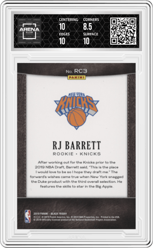 RJ Barrett from the 2019 Panini Black Friday Trading set featuring a Holo parallel graded by Arena Club and given an overall grade of 9.
