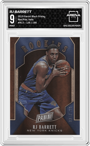 RJ Barrett from the 2019 Panini Black Friday Trading set featuring a Holo parallel graded by Arena Club and given an overall grade of 9.