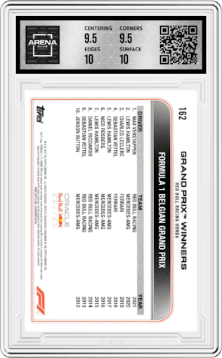 Max Verstappen from the 2022 Topps F1 set graded by Arena Club and given an overall grade of 10.