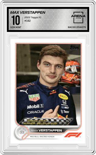 Max Verstappen from the 2022 Topps F1 set graded by Arena Club and given an overall grade of 10.