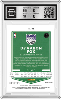De'Aaron Fox from the 2021-22 Panini Donruss Optic set featuring a Premium Box Set parallel graded by Arena Club and given an overall grade of 10.