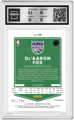 De'Aaron Fox from the 2021-22 Panini Donruss Optic set featuring a Premium Box Set parallel graded by Arena Club and given an overall grade of 10.