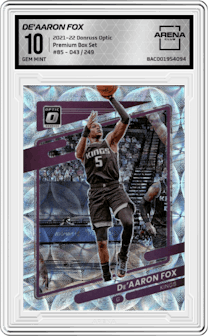 De'Aaron Fox from the 2021-22 Panini Donruss Optic set featuring a Premium Box Set parallel graded by Arena Club and given an overall grade of 10.