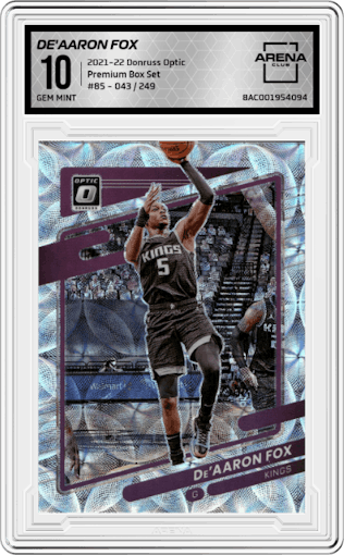 De'Aaron Fox from the 2021-22 Panini Donruss Optic set featuring a Premium Box Set parallel graded by Arena Club and given an overall grade of 10.