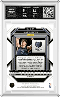 Jake Laravia from the 2022-23 Panini Prizm  set featuring a Red Ice parallel graded by Arena Club and given an overall grade of 9.5.