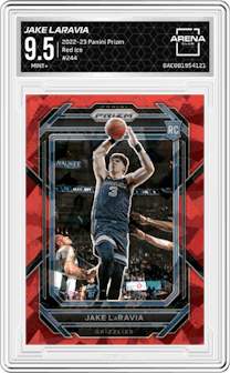 Jake Laravia from the 2022-23 Panini Prizm  set featuring a Red Ice parallel graded by Arena Club and given an overall grade of 9.5.