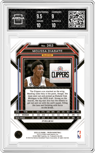 Moussa Diabate from the 2022-23 Panini Prizm  set featuring a Pink Ice parallel graded by Arena Club and given an overall grade of 9.5.