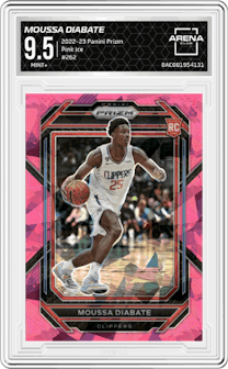 Moussa Diabate from the 2022-23 Panini Prizm  set featuring a Pink Ice parallel graded by Arena Club and given an overall grade of 9.5.