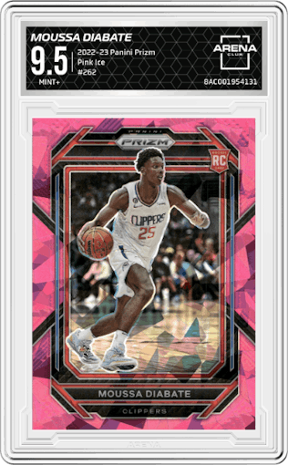 Moussa Diabate from the 2022-23 Panini Prizm  set featuring a Pink Ice parallel graded by Arena Club and given an overall grade of 9.5.