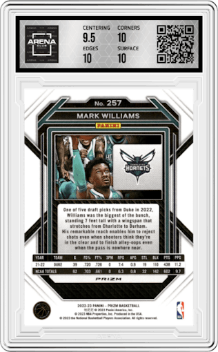 Mark Williams from the 2022-23 Panini Prizm  set featuring a Pink Ice parallel graded by Arena Club and given an overall grade of 10.