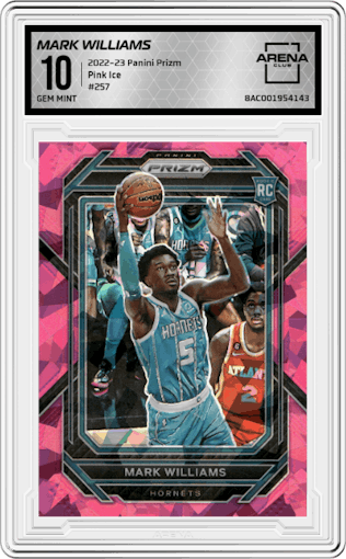 Mark Williams from the 2022-23 Panini Prizm  set featuring a Pink Ice parallel graded by Arena Club and given an overall grade of 10.