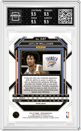 Jaylin Williams from the 2022-23 Panini Prizm  set featuring a Pink Ice parallel graded by Arena Club and given an overall grade of 9.5.