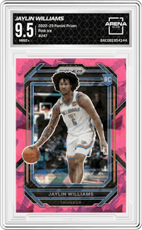 Jaylin Williams from the 2022-23 Panini Prizm  set featuring a Pink Ice parallel graded by Arena Club and given an overall grade of 9.5.