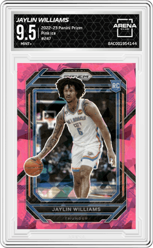 Jaylin Williams from the 2022-23 Panini Prizm  set featuring a Pink Ice parallel graded by Arena Club and given an overall grade of 9.5.