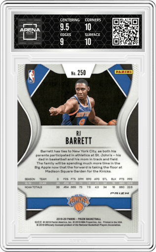 RJ Barrett from the 2019-20 Panini Prizm set featuring a Green Prizm parallel graded by Arena Club and given an overall grade of 9.5.