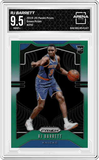 RJ Barrett from the 2019-20 Panini Prizm set featuring a Green Prizm parallel graded by Arena Club and given an overall grade of 9.5.