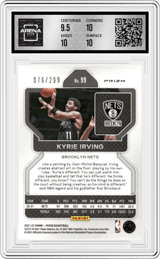 Kyrie Irving from the 2021-22 Panini Prizm  set featuring a Red Prizm parallel graded by Arena Club and given an overall grade of 10.