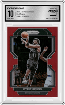 Kyrie Irving from the 2021-22 Panini Prizm  set featuring a Red Prizm parallel graded by Arena Club and given an overall grade of 10.