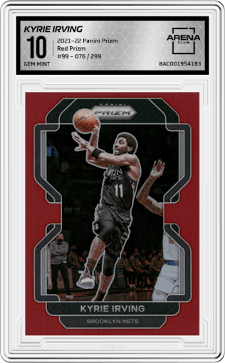 Kyrie Irving from the 2021-22 Panini Prizm  set featuring a Red Prizm parallel graded by Arena Club and given an overall grade of 10.