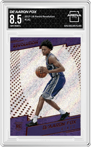 De'Aaron Fox  from the 2017-18 Panini Revolution set graded by Arena Club and given an overall grade of 8.5.