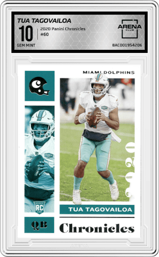 Tua Tagovailoa from the 2020 Panini Chronicles set graded by Arena Club and given an overall grade of 10.