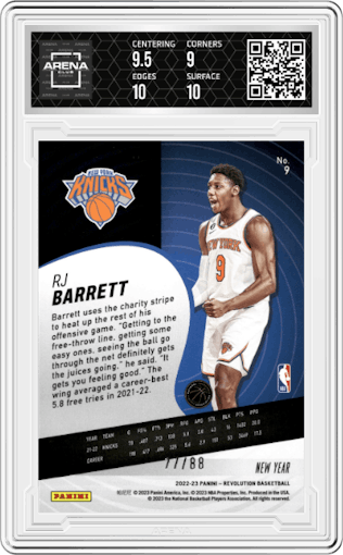 RJ Barrett from the 2022-23 Panini Revolution  set featuring a Chinese New Year Emerald parallel graded by Arena Club and given an overall grade of 9.5.