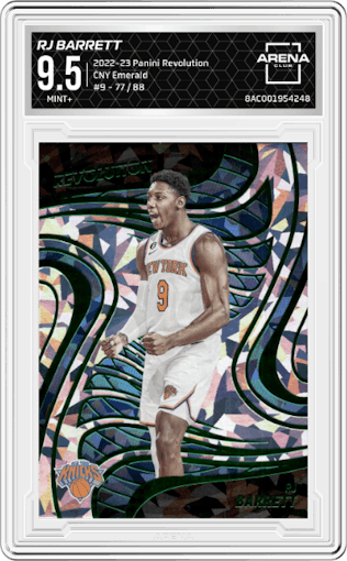 RJ Barrett from the 2022-23 Panini Revolution  set featuring a Chinese New Year Emerald parallel graded by Arena Club and given an overall grade of 9.5.